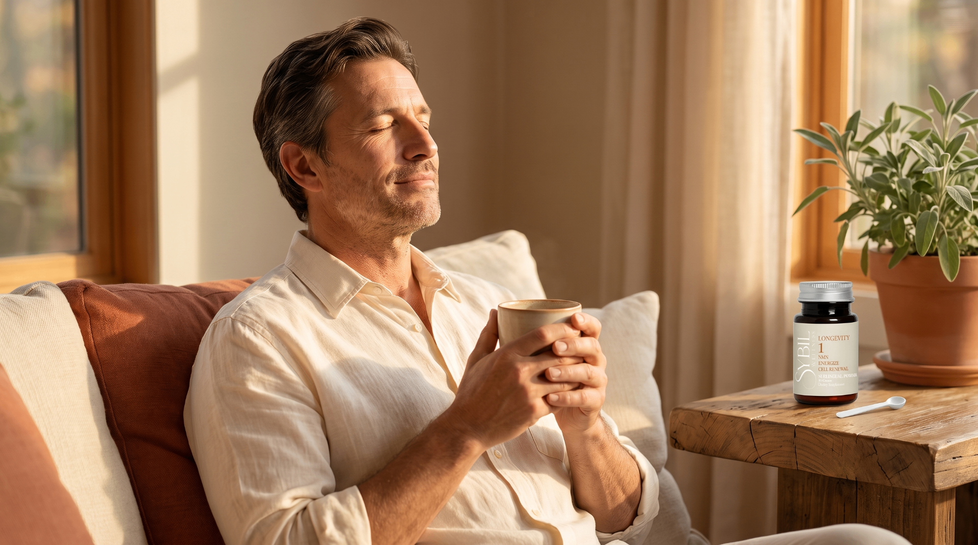 Man relaxing on a sunlit couch with Longevity 1