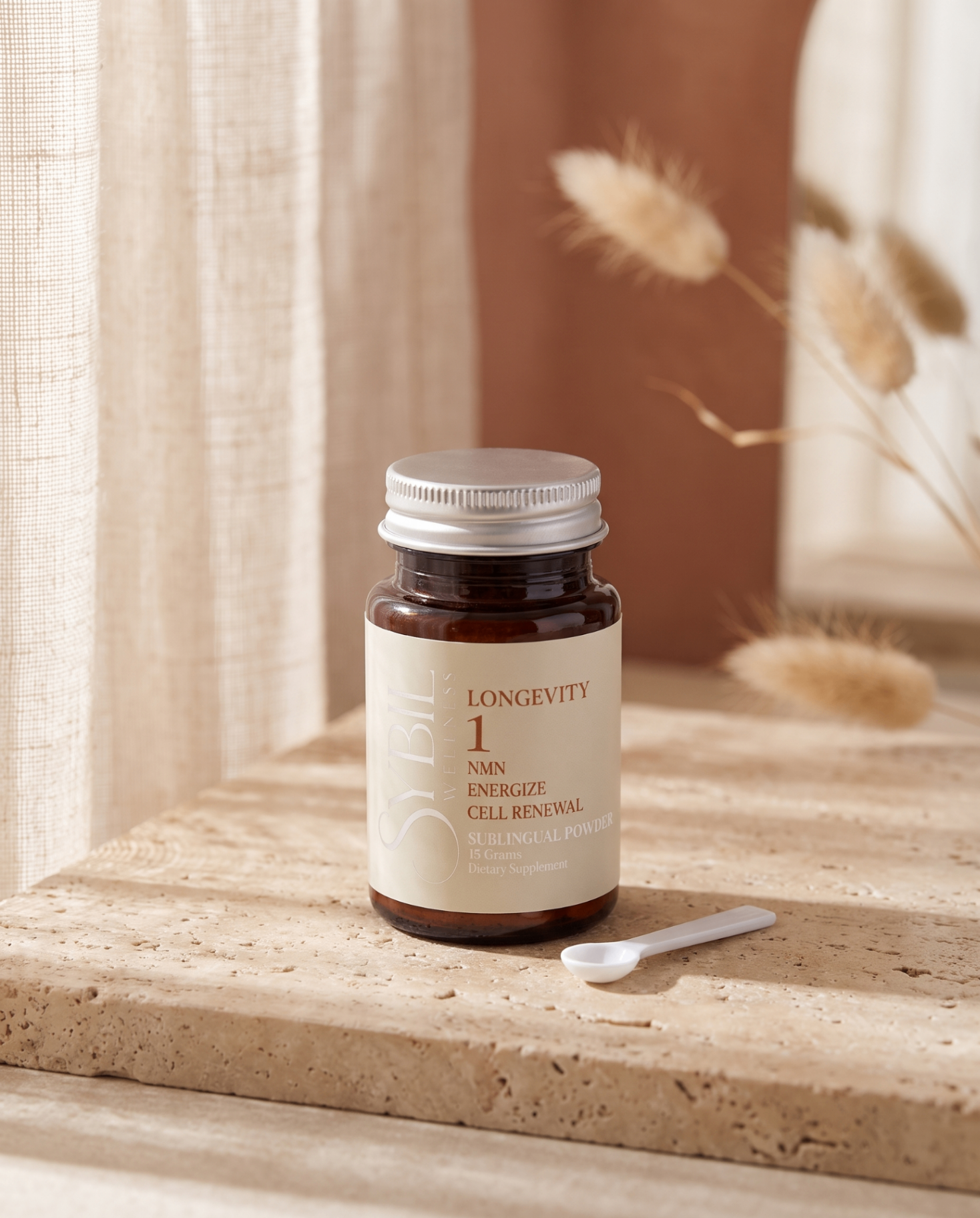 Longevity 1 NMN jar on travertine with warm light