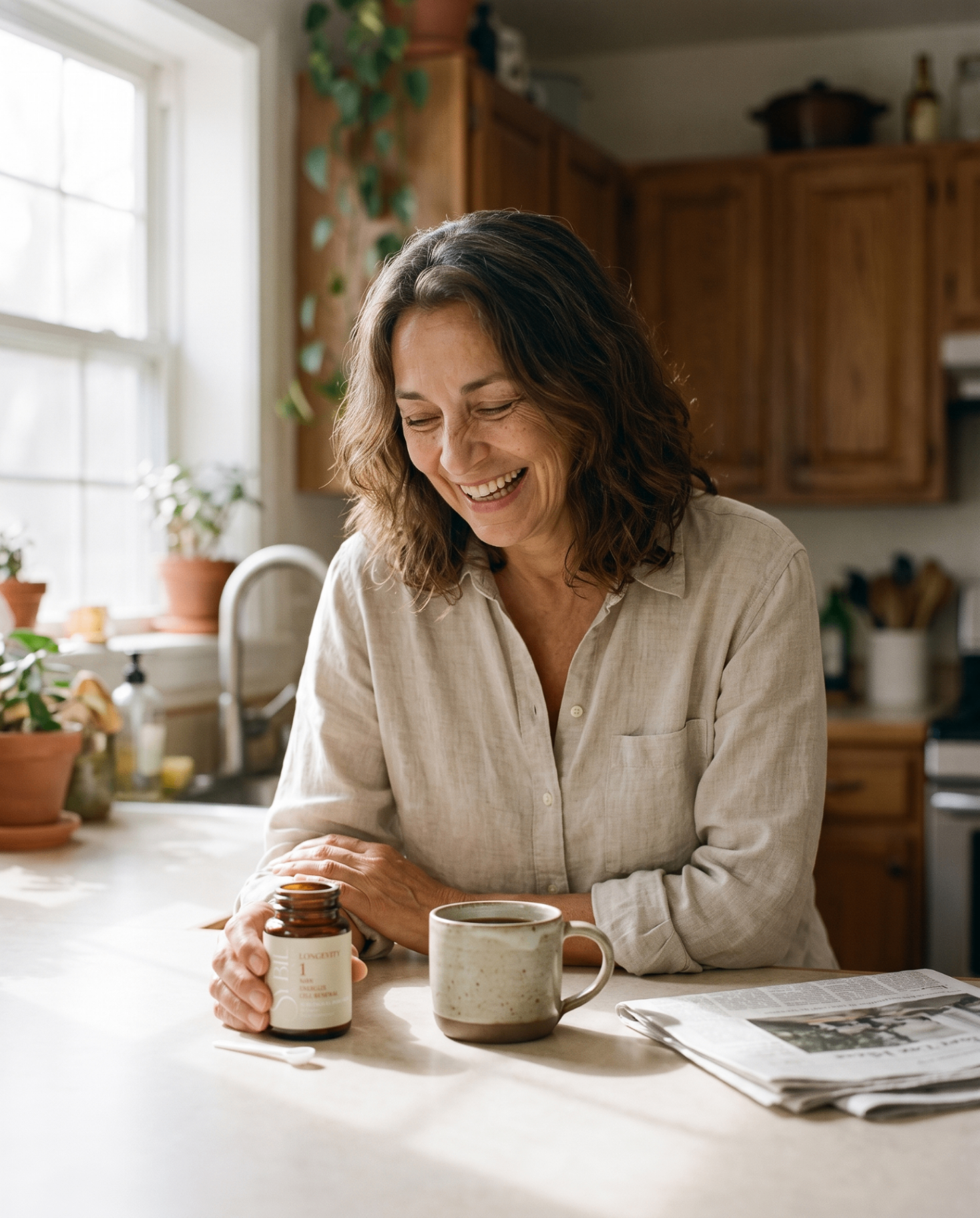Woman enjoying coffee with Longevity 1 in a sunlit kitchen